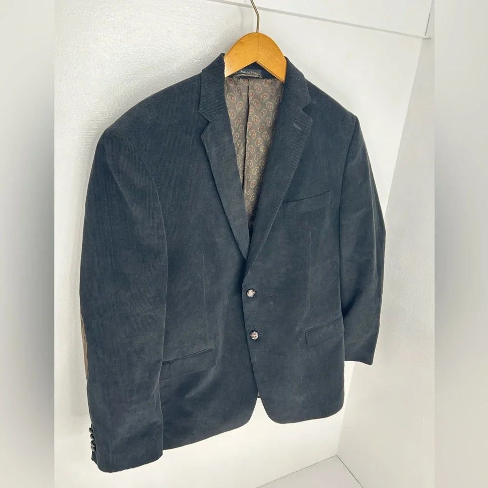 CHAPS Black Corduroy Blazer Size 44R Elbow‎ Patches Paisley Lined Sport Coat